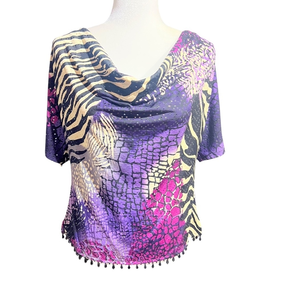 Y2K Multi-Print Zebra Cowl-Neck Top M